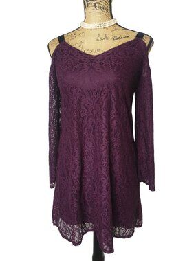 Xhilaration Womens Cold Shoulder Dress XS Purple Lace Lng Slv  Cocktail Date Chi